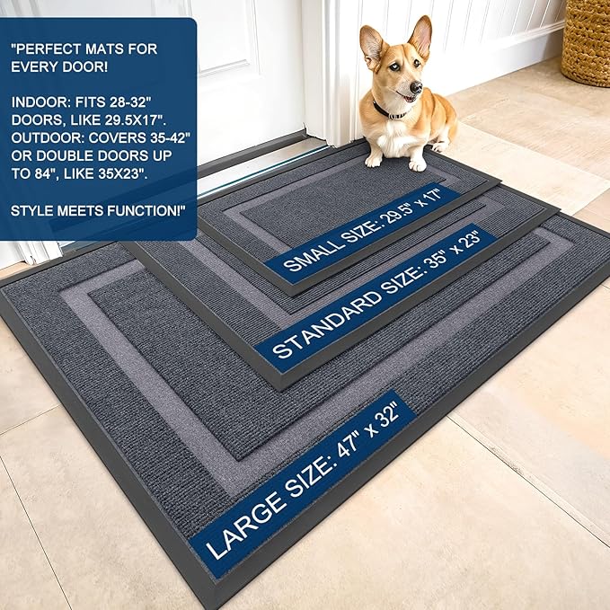OLANLY Front Door Mat Indoor Outdoor Entrance, Waterproof All-Season, All-Weather Doormat, Sturdy Natural Rubber, Fade Resistant, Low Profile, Easy Clean Patio Porch Entryway Mat, 47x30, Light Grey