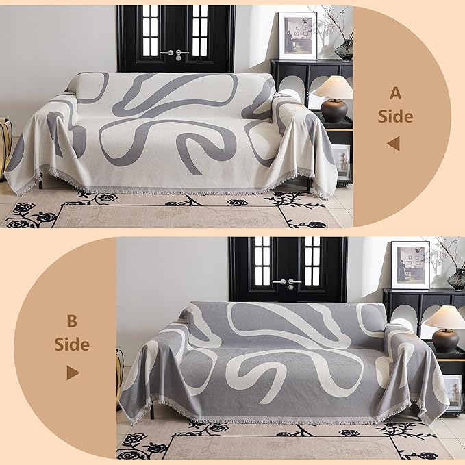 MYSKY HOME Couch Cover for 3 Cushion Couch Sofa Cover, Super Soft Boho Couch Covers for Dogs Washable, Jacquard Sofa Slipcover Furniture Protector for Living Room, 91" x 134", Grey Curve