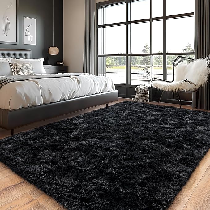 Pionblank Super Fluffy Area Rug for Living Room 5x7 Feet, Modern Indoor Shaggy Carpet, Soft Plush Non Slip Rugs for Bedroom Kids Room Cloakroom Home Decor, Black