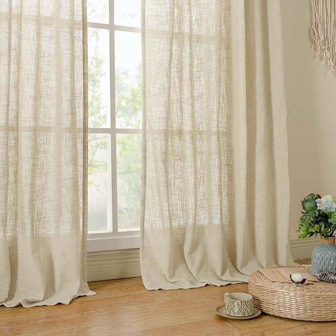 LAMIT Light Filtering Linen Curtains 84 inches Long for Bedroom, Linen Textured Semi Sheer Back Tab and Rod Pocket Natural Boho Drapes for Living Room/Farmhouse, 2 Panels, Linen, 42 x 84 Inch