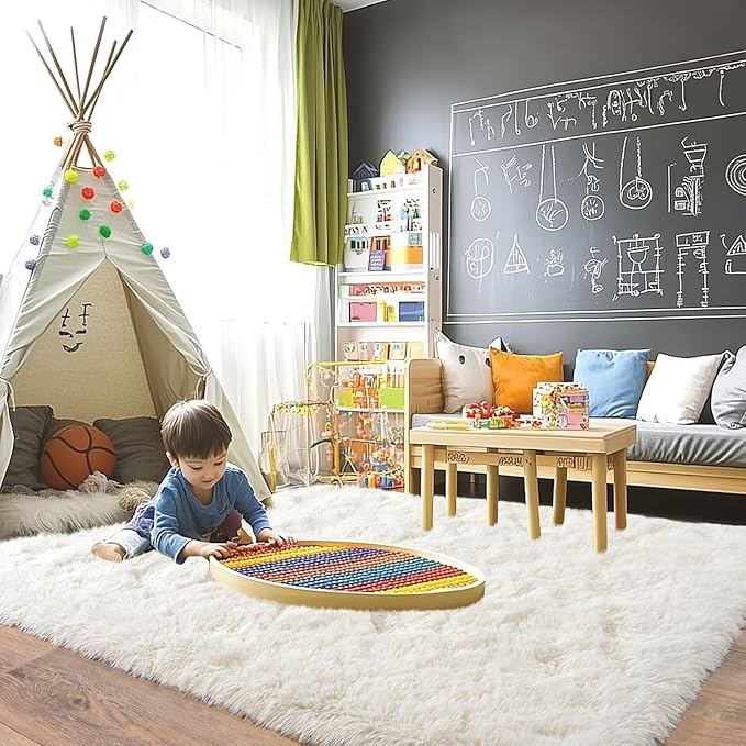Pionblank 8x10 Rug for Living Room, Fuzzy Plush Large Area Rug, Fluffy Modern Shag Non Slip Soft Furry Carpet for Bedroom Kids Room Nursery Teens Dorm Home Decor, Cream White