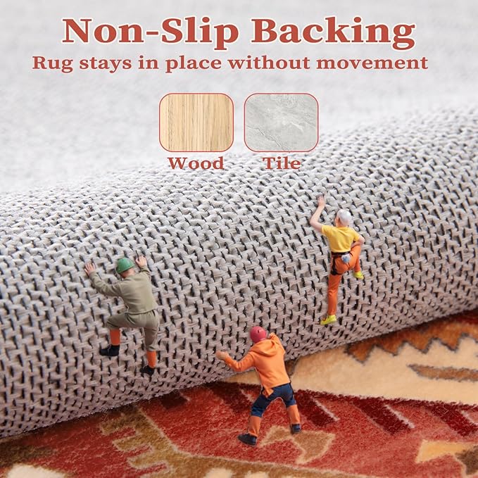 SERISSA Washable Rugs 8x10 Area Rugs, Large Non-Slip Boho Living Room Rug, Ultra Soft Oriental Vintage Red Print Distressed Carpet for Dining Room Bedroom Dorm Office Home Decor