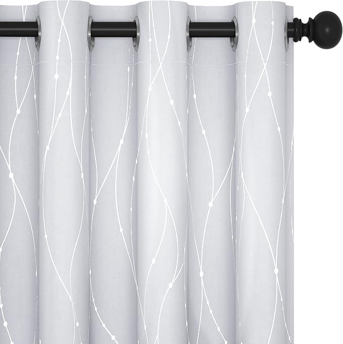 Deconovo Kitchen Curtains, Room Darkening Drapes, Thermal Insulated Soundproof Grommet Drape, Silver Wave Dots Print, 52 x 54 Inch, Machine Washable Window Panels for Small Windows Nursery, Set of 2