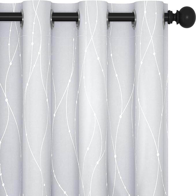 Deconovo Living Room Curtains, Room Darkening Drapes, Thermal Insulated Soundproof Grommet Drape, Silver Wave Dot Print, 52 x 108 Inch Long, Machine Washable Window Panels for Bedroom Office, Set of 2