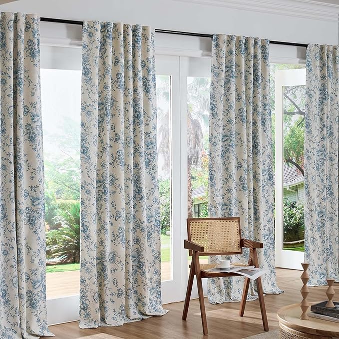 jinchan Blackout Floral Curtains for Living Room Bedroom Linen Blend Curtain Farmhouse Blue Printed with Lined Back Tab Rod Pocket Drapes Window Treatments 2 Panels 96 Inch