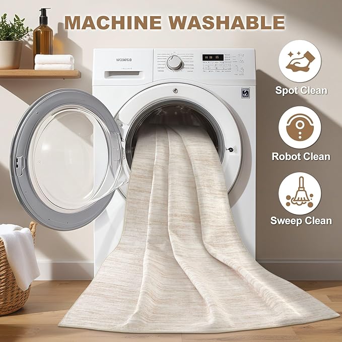 Nakagishi 6X9 Area Rugs Living Room: Washable Large Vintage Rug Neutral Non-Slip Soft Stain Resistant Indoor Carpet for Bedroom Nursery Dining Room Office Playroom - Beige-01