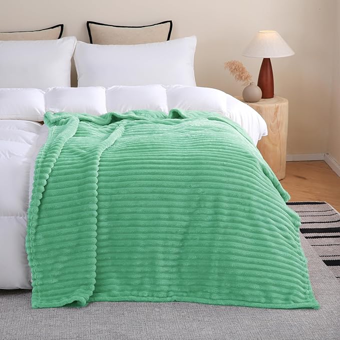 Mint Green Fleece Throw Blanket 60”×80” for Couch Sofa Bed,Super Soft Cozy Plush Microfiber Flannel Blanket with Stripes Design Lightweight for Adults,Woman,Girls
