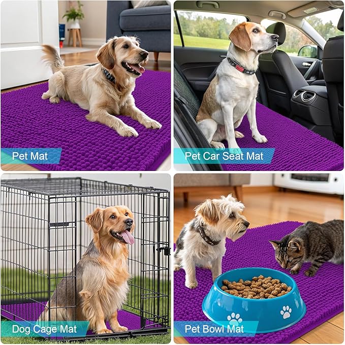 OLANLY Dog Door Mat for Muddy Paws 70x32, Absorbs Moisture and Dirt, Absorbent Non-Slip Washable Doormat, Quick Dry Chenille Mud Mat for Dogs, Entry Indoor Entryway Carpet for Inside Floor, Purple
