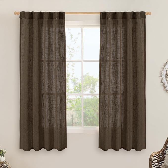 LAMIT Linen Curtains 63 Inch Length 2 Panels, Light Filtering Panels Back Tab and Rod Pocket Neutral Drapes for Bedroom/Window/Living Room, Dark Brown, 34 x 63 Inch