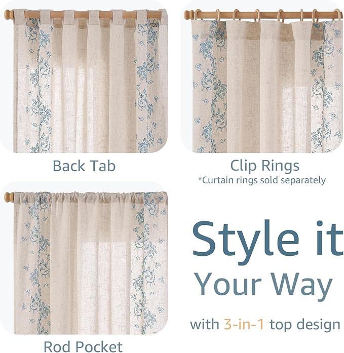jinchan Evelyn Embroidered Linen Curtains 84 inch Long 2 Panels Blue Curtains for Living Room Bedroom Farmhouse Cottage Core Semi Sheer Light Filtering Floral Window Drapes Rod Pocket Back Tab