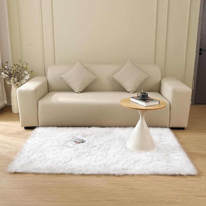 ORINOVA White Faux Sheepskin Shaggy Fur Rug for Living Room Soft Plush Machine Washable Fluffy 4x6 Area Rugs for Bedroom Nursery Rug