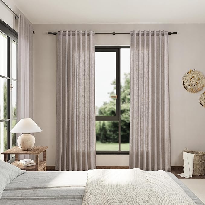 Extra Long Brownish Grey Curtains 2 Panels 102 Inches Long for Living Room Back Tab Pocket Light Filtering Semi Sheer Drapes Cotton Linen Textured Window Curtain 102 Inch Length for Bedroom 9 FT