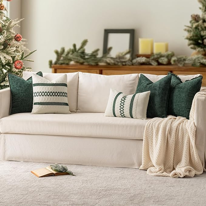 MIULEE Pack of 2 Christmas Pillow Covers 16x16 Inch Dark Green Farmhouse Decorative Throw Pillow Covers with Stitched Edge Soft Chenille Solid Dyed Couch Pillow Covers for Sofa Bed Living Room