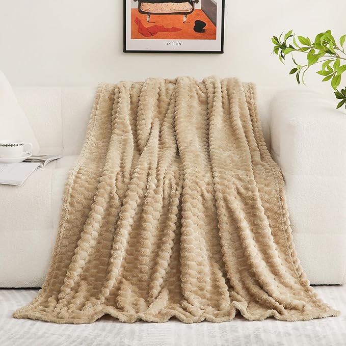 Beige Throw Blanket 50"×60" inches Fuzzy 3D Jacquard Decorative Flannel Fleece Super Soft Plush Cozy Blanket for Couch Sofa Chair Lightweight,Khaki