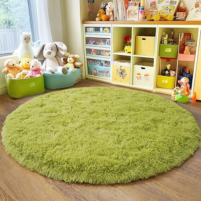 5'x5' Grass Green Round Rug for Bedroom, Ultra Soft Fluffy Circle Rug for Kids Girls Boys Room, Cute Shag Rugs for Living Room Playroom Tent Castle Home Decor Rug