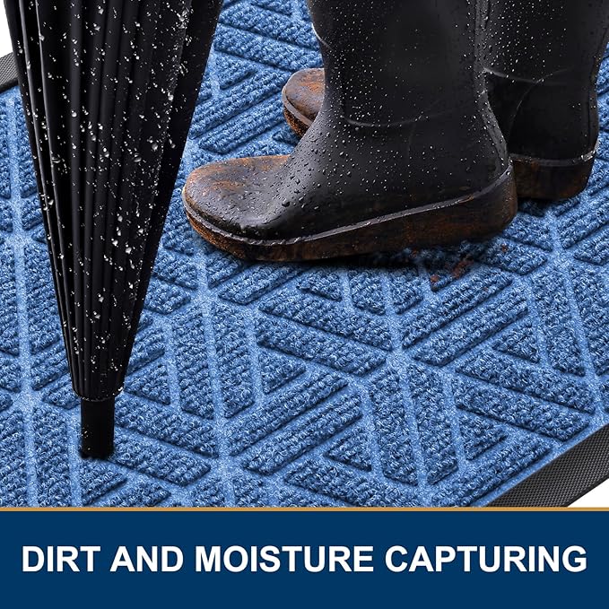 Smiry Front Door Mat Outside Entrance, Heavy Duty Sturdy Natural Rubber Doormat, Trap Dirt and Moisture, Easy Clean Low Profile Mats for Indoor Outdoor Entry, Grid Geometric (29.5x17, Blue)
