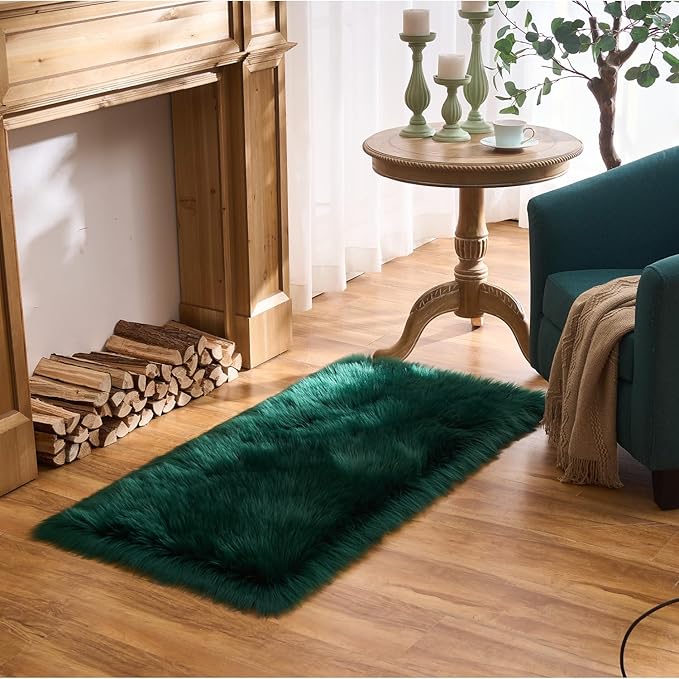 EasyJoy Ultra Soft Fluffy Shaggy Area Rug Faux Fur Rug Chair Cover Seat Pad Fuzzy Area Rug for Bedroom Floor Sofa Living Room (2 x 4 ft Rectangle, Dark Green)