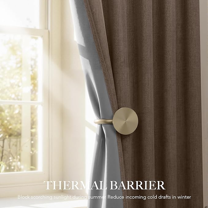 RYB HOME 100% Blackout Linen Textured Curtains 108 inches Long, Thermal Insulating Privacy Energy Saving for Bedroom Living Room Window Office Theater Patio Door, W 52 x L 108 in, Coffee, 2 Panels