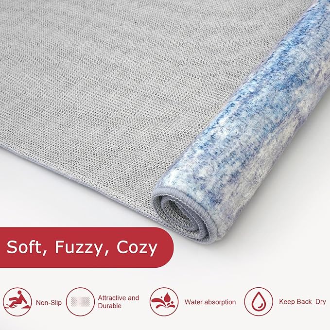 KOZYFLY Washable Area Rug 5x7 Modern Ombre Thin Rugs for Living Room Non-Slip Soft Striped Area Rug for Bedroom, Print Blue/Grey/Beige Abstract Carpet for Kid Room