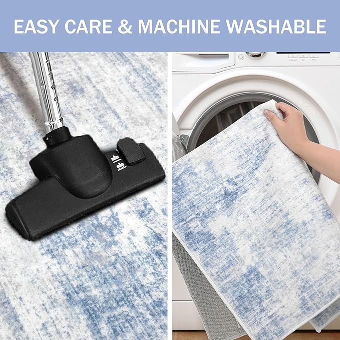 IOHOUZE Abstract Runner Rug 3x10 Ft Washable Runners for Hallways, Non Slip Kitchen Runner Printed Faux Wool Entryway Runner Indoor, Modern Abstract Floor Carpet for Hall Bedroom, Light Blue Grey