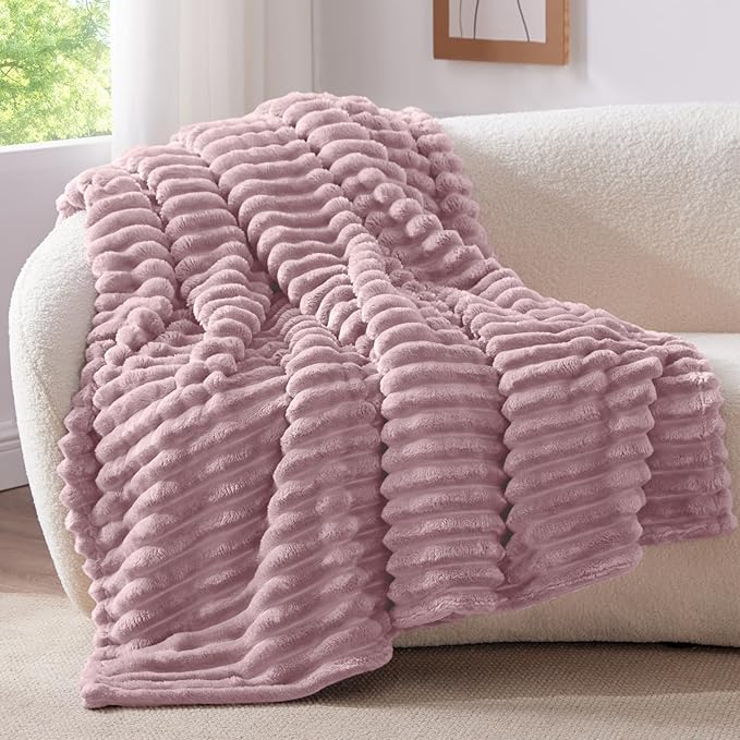 BEDELITE Twin Blanket for Couch & Bed, 300GSM Soft & Warm Fleece Blanket, Decorative and Giftable Striped Berry Purple Blankets for Women, Men, 60"x80"