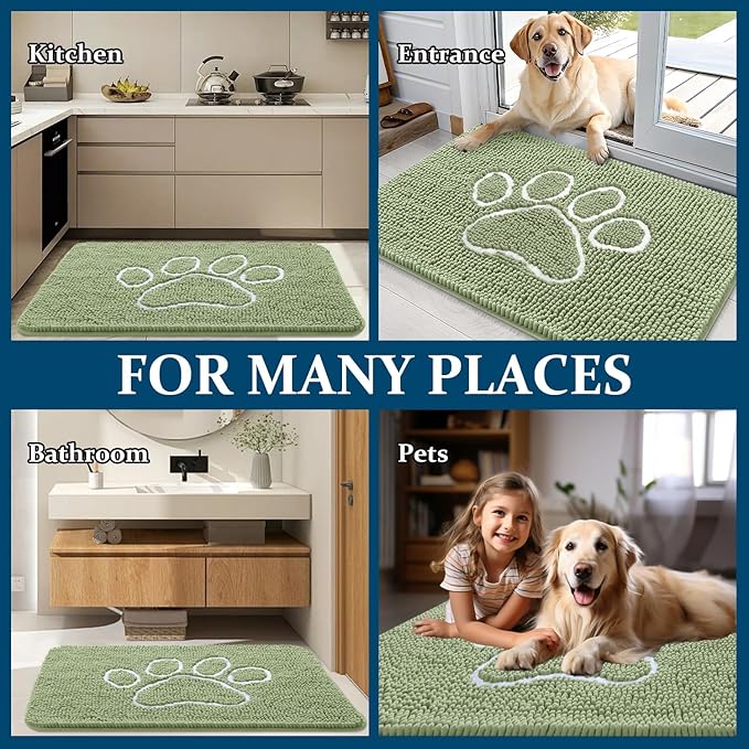 OLANLY Dog Door Mat for Muddy Paws 40x32, Paw Print Design, Absorbs Moisture and Dirt, Non-Slip Washable Doormat, Quick Dry Chenille Mud Mat for Dogs, Entry Indoor Entryway Carpet, Sage Green