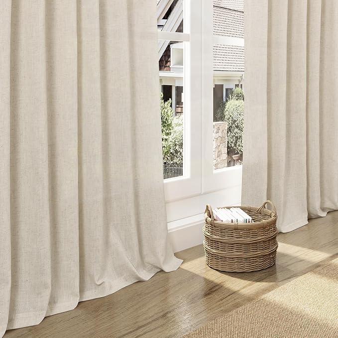 Nanspring Birch Beige Curtains 90 Inches Long for Living Room Linen Light Filtering Semi Sheer Curtain Back Tab Rod Pocket Modern Farmhouse Decor Elegant Coastal Drapes for Bedroom 52x90, 2 Panels