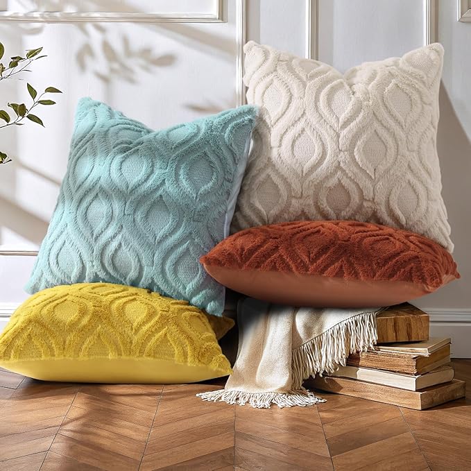 decorUhome Throw Pillow Covers 24x24 Inch Set of 2, Soft Plush Faux Wool Beige Solid Couch Pillow Covers, Accent Euro Sham Farmhouse Neutral Square Pillow Cases for Sofa Bed Living Room