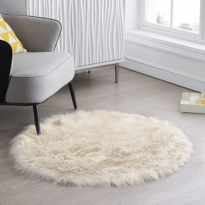 Ciicool Beige Fluffy Round Fur Area Rug for Circle Faux Fur Rugs for Kids Room, Cute Fuzzy Nursery Rug, Shaggy Circular Rugs Floor Carpets for Teens Girls Rooms Home Decor, 4 x 4 Feet
