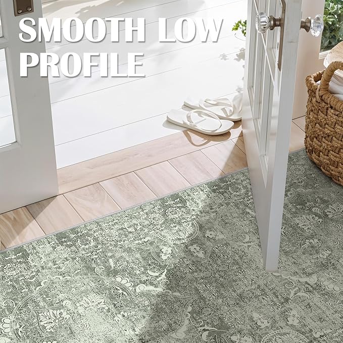 Hallway 3x10 Runner Rug - Vintage Non-Slip Long Rug Low-Pile Washable Medallion Runner Rugs for Hallway Waterproof Traditional Runner Rug Indoor Thin Rug for Kitchen (Muted Sage Green)