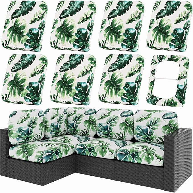 hyha 8Pcs Patio Cushion Covers, Stretch Outdoor Couch Cushion Covers, Washable Outdoor Chair/Sofa Slipcovers for Patio Furniture Cushions Protector with Elastic Bottom(Monstera Deliciosa,Cover Only)