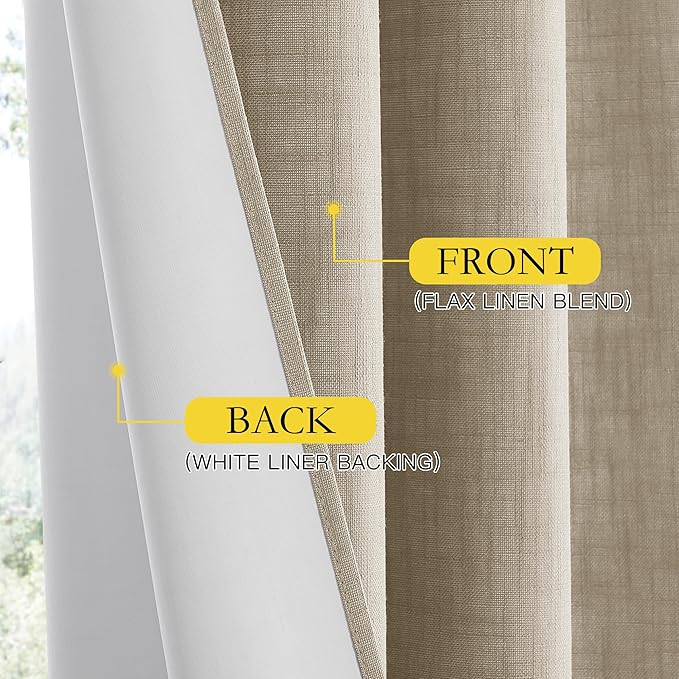 NICETOWN Taupe 100% Blackout Linen Curtains 108 inch Long Burg, Farmhouse Thick Completely Blackout Window Treatment Panels Thermal Insulated Drapes for Living Room (1 Pair, 52" Width Each Panel)