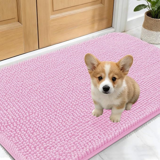 OLANLY Dog Door Mat for Muddy Paws 24x16, Absorbs Moisture and Dirt, Absorbent Non-Slip Washable Doormat, Quick Dry Chenille Mud Mat for Dogs, Entry Indoor Entryway Carpet for Inside Floor, Pink