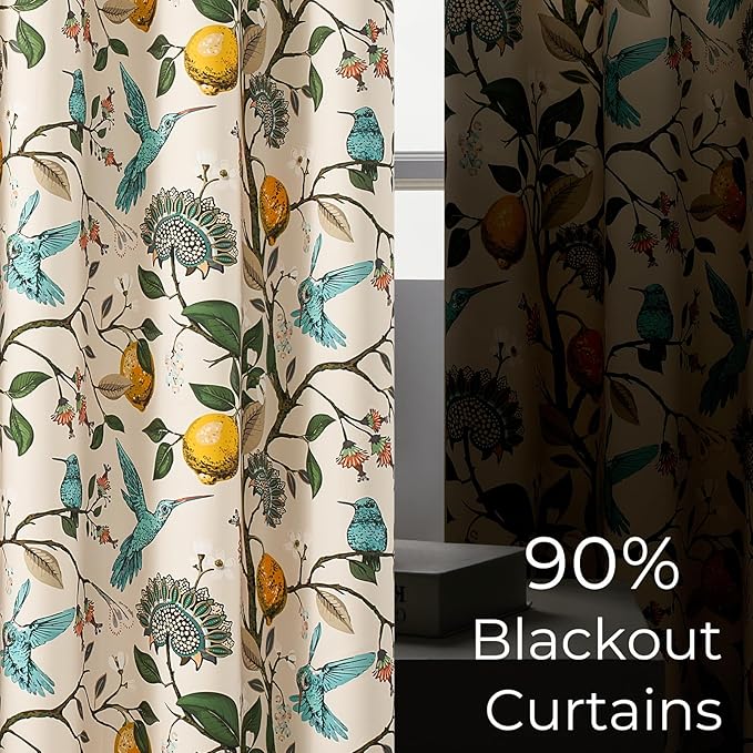 Topfinel 94 Inches Long Custom Window Treatments,Retro Art Deco Euro Flower Hummingbird Patterned Pretty Elegant Light Blocking Grommet Curtains Vintage Floral Curtains for Bedroom Playroom Room