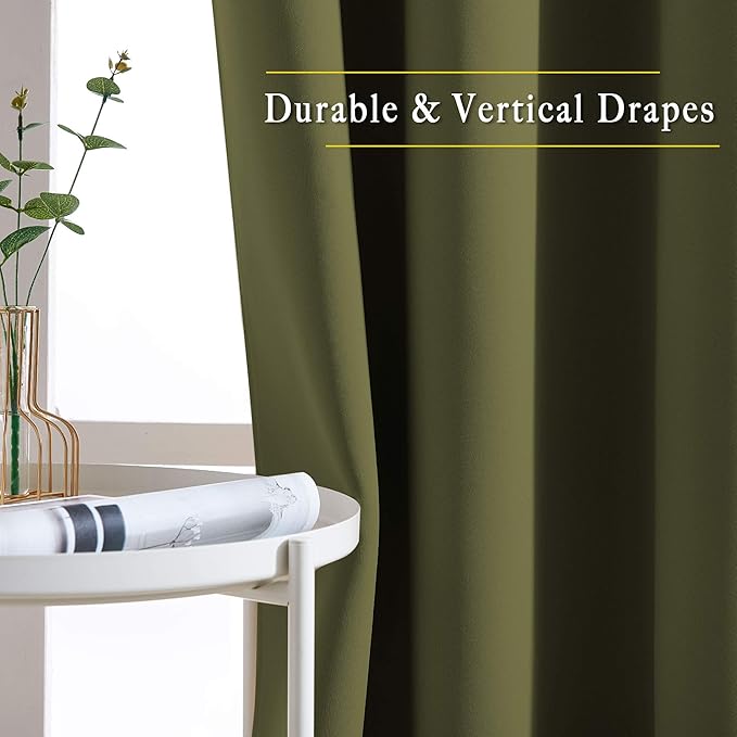 NICETOWN Short Blackout Curtains for Kitchen Window - Grommet Room Darkening Voice Reducing Solid Thermal Curtains & Drapes for Small Windows, Olive, W34 x L50, 2 Panels
