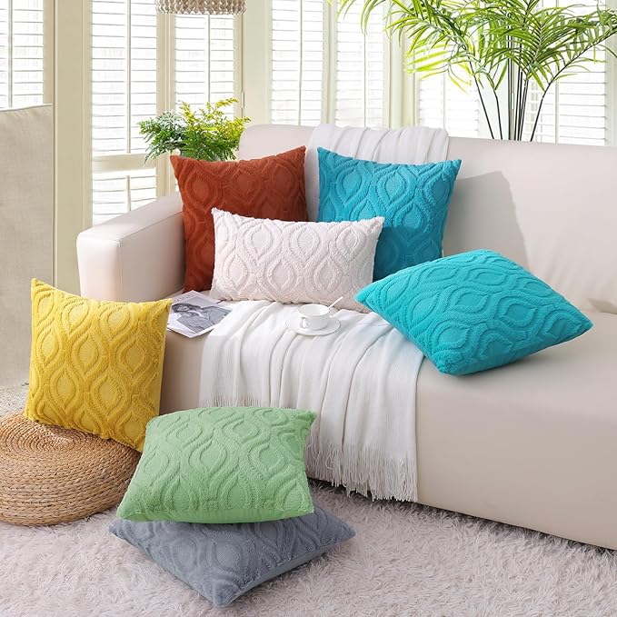 decorUhome Throw Pillow Covers 12x20 Inch Set of 2, Soft Plush Faux Wool Blue Grey Solid Couch Pillow Covers, Accent Farmhouse Neutral Rectangle Pillow Cases for Sofa Bed Living Room