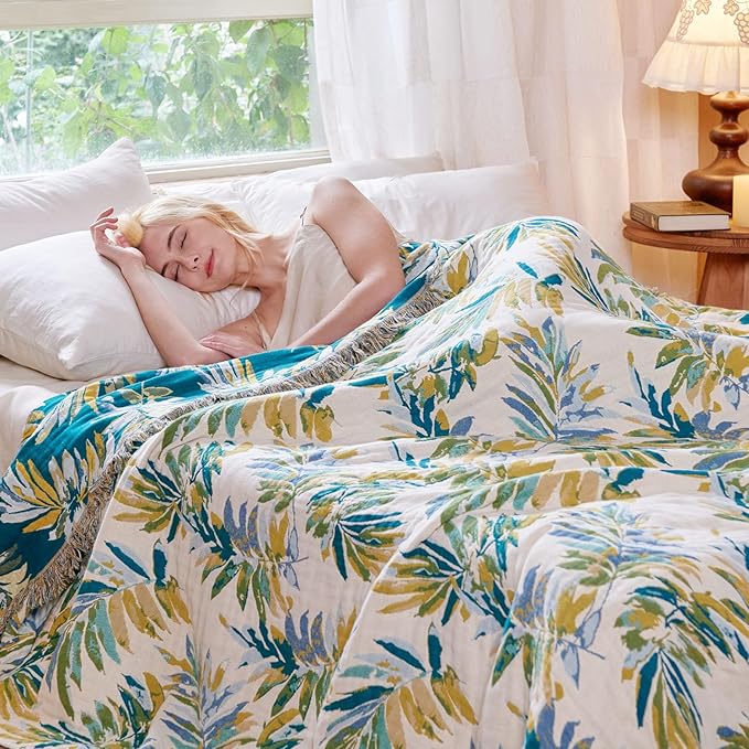 MSGKV Boho Throw Blanket for Bed Cotton 60"x80" Leaves Blanket Twin Size Couch All Seasons Muslin Spring Breathable Lightweight Farmhouse Blankets