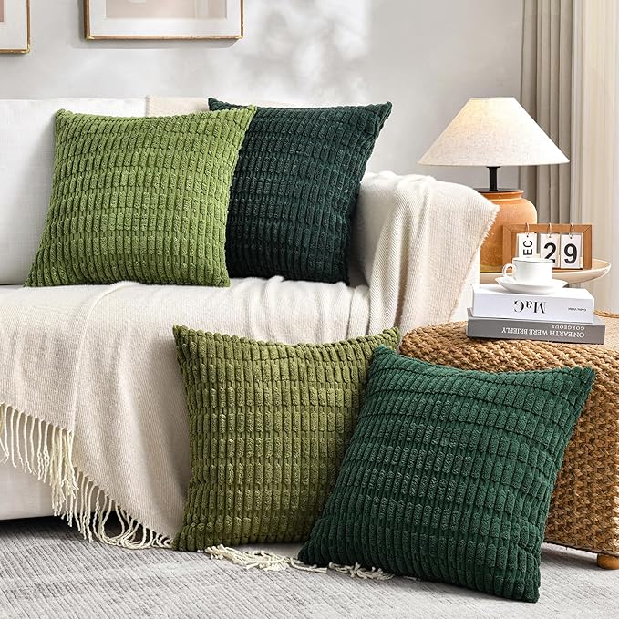 Fancy Homi 4 Packs Boho Moss Green Decorative Throw Pillow Covers 16x16 Inch for Couch Bed Sofa, Rustic Modern Farmhouse Home Decor, Soft Plush Corduroy Cute Square Cushion Case 40x40 cm