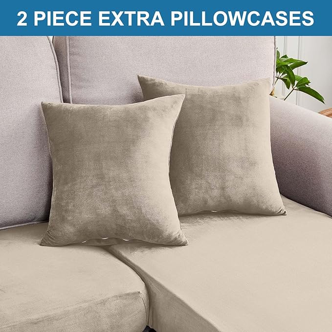 Couch Cover 4-Piece Elastic Velvet Couch Cushion Covers & Chaise Slipcovers for L-Shaped Sofas - Sofa Seat Covers Washable, Soft Protector for Couches (3 Seater + Chaise, Taupe)