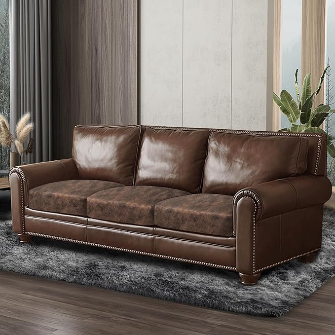 Leather Look Couch Cushion Covers Sofa Seat Slipcovers Sets Couches Furniture Protector for Sectional Armchair Loveseat Pets Kids Stretch Spandex Fabric (3 Cushion XL Sofa, Dark Brown)