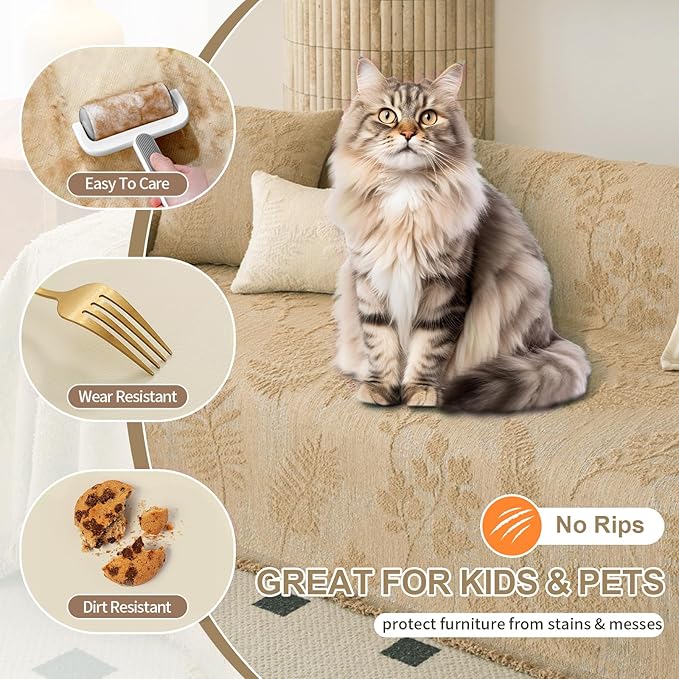 HANDONTIME Washable Couch Covers for Sofa Boho Couch Covers for 3 Cushion Sofa Pet Friendly Camel Chenille Jacquard Couch Protector for Dogs Plant Branch Sectional Cover Sofa Slipcovers, 71" X 150"