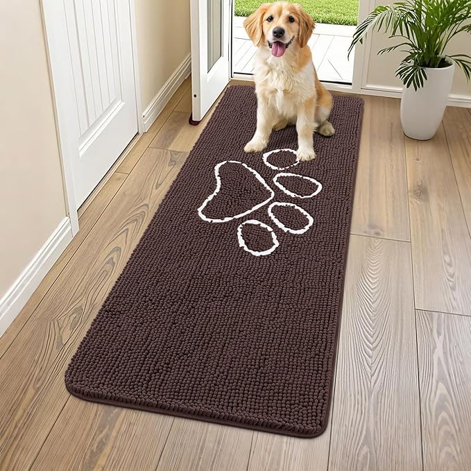 Smiry Dog Door Mat for Muddy Paws, Absorbent Dirt Trapper Non Slip Quick Dry Washable Chenille Mat for Mud Dogs, Entry Rug for Indoor and Outdoor (59x20 Inches, Brown and White)