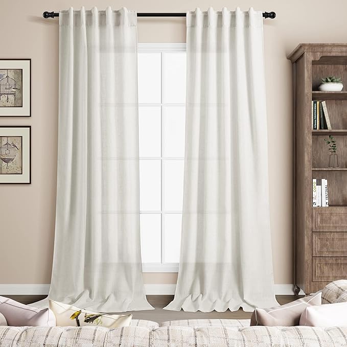 Nanspring Cream Linen Curtains 102 inches Long for Living Room Back Tab Privacy Semi Sheer Curtains Modern Farmhouse Floor to Ceiling Long Curtain 2 Panel Set 38x102 for Bedroom Dinning Room