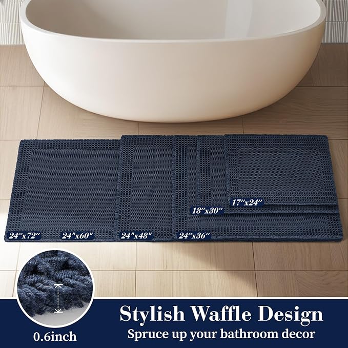 RESARE Waffle Bath Mat for Bathroom, Super Absorbent Bathroom Rugs Non Slip Machine Washable, Ultra Soft Quick Dry Boho Bath Rugs with Tassels for Floor, Upgraded Bordered Design, 24"x36" Navy