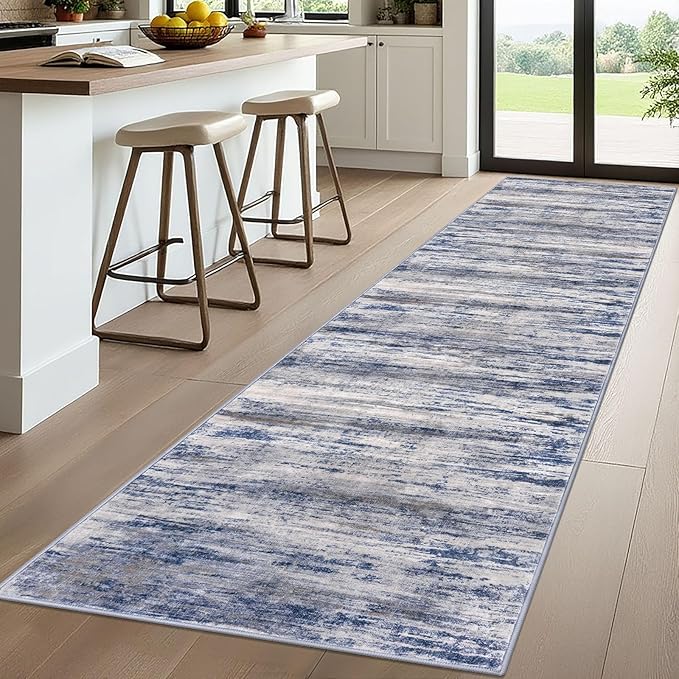 KOZYFLY 3x10 Ft Rug Modern Ombre Runner Rug for Hallway, Washable Kitchen Rugs Non-Slip Soft Striped Entryway Rug, Print Grey-Blue Abstract Carpet for Laundry Nursery
