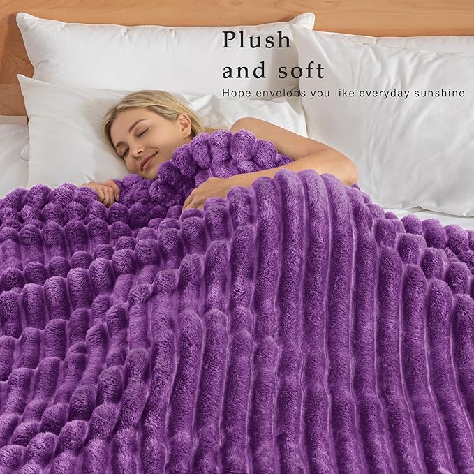 Exclusivo Mezcla Queen Size Flannel Fleece Blanket, Super Soft Striped Jacquard Bed Blanket, Lightweight Fuzzy Cozy for All Seasons, 90x90 Inches, Purple