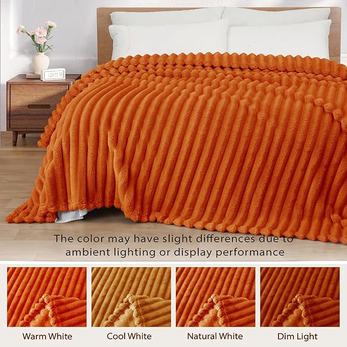 Exclusivo Mezcla California King Size Flannel Fleece Blanket, Super Soft Striped Jacquard Bed Oversized Blanket, Lightweight Fuzzy Cozy for All Seasons, 120x120 Inches, Burnt Orange