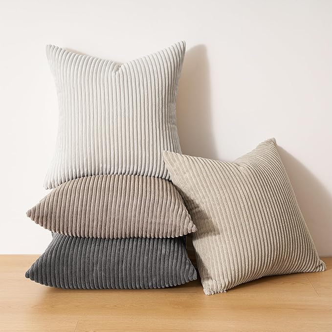 Topfinel 4 Packs Natural Decorative Throw Pillows Covers 24x24 Inch for Living Room Couch Bed Sofa, Rustic Farmhouse Boho Home Decor, Soft Plush Striped Corduroy Square Cushion Case 60x60 cm