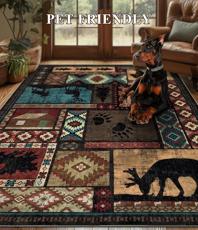 YIHOUSE Rustic Cabin Area Rug 6x9,Machine Washable Lodge Bear Rug,Non-Slip Low Pile Print Pattern Southwestern Rug for Living Room Bedroom