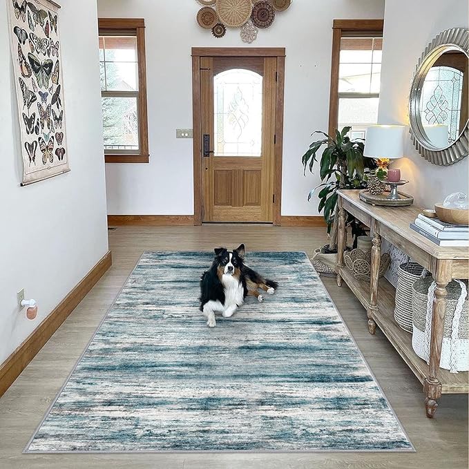 KOZYFLY Washable Area Rug 5x7 Modern Ombre Living Room Thin Rug Non-Slip Soft Striped Rug for Bedroom, Print Blue Abstract Carpet for Laundry Kid Room